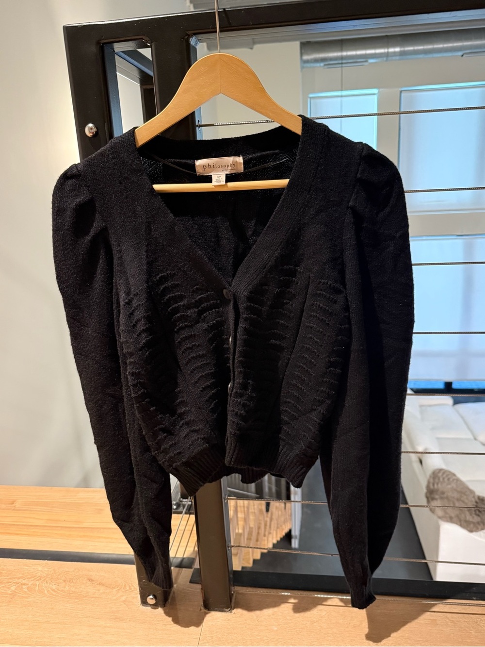 Philosophy Black V-Neck Puff Sleeve Cardigan